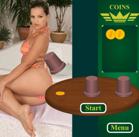 カップの中のコインを当てるエロゲーム！「Pretty Eva Crossing Cups」